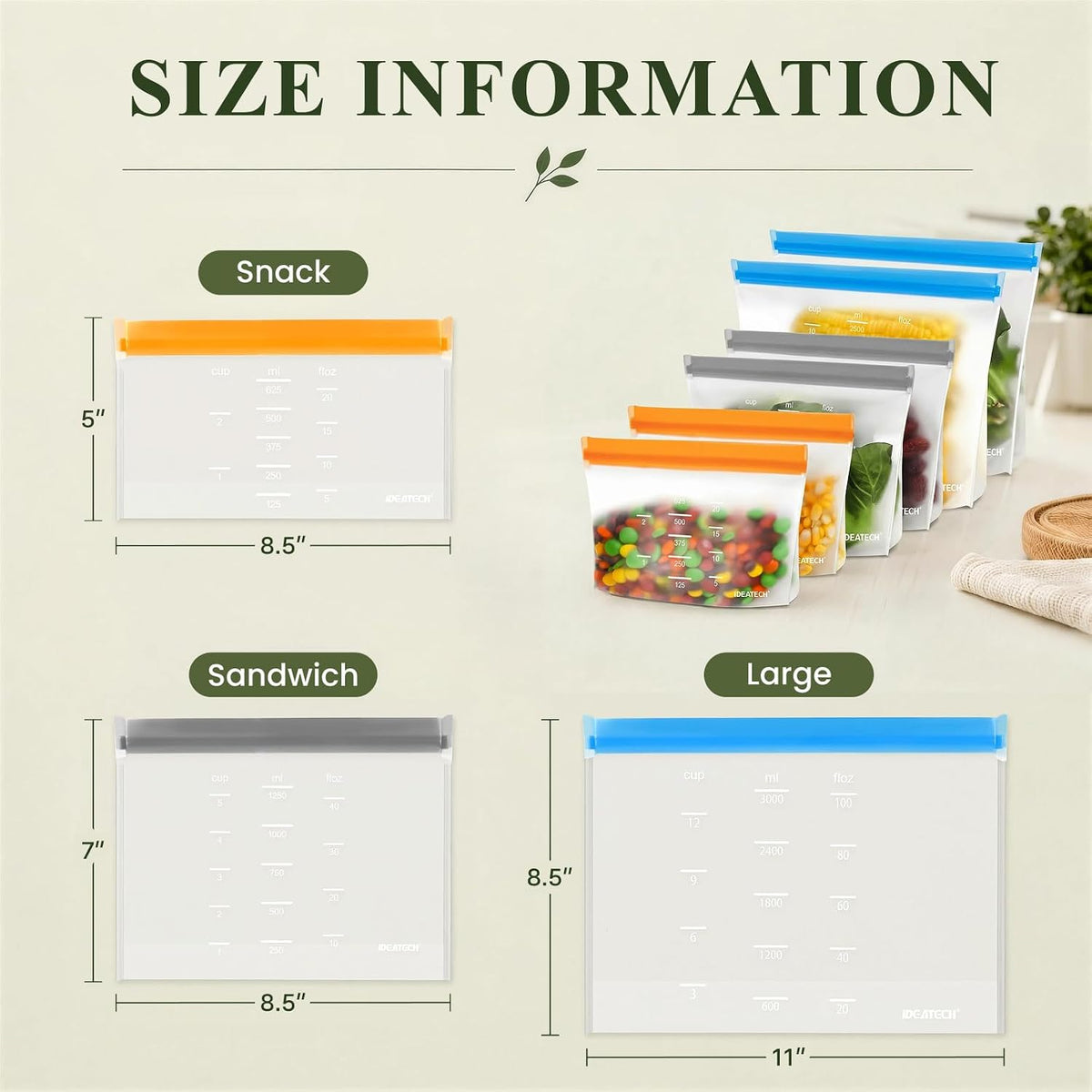 Dishwasher Safe Reusable Storage Bags Stand Up - BPA Free Reusable Sandwich Bags - Leakproof Gallon Freezer Bags, Silicone Food Storage Bags - Multicolor 3 Gallon + 3 Sandwich + 3 Snack Bags