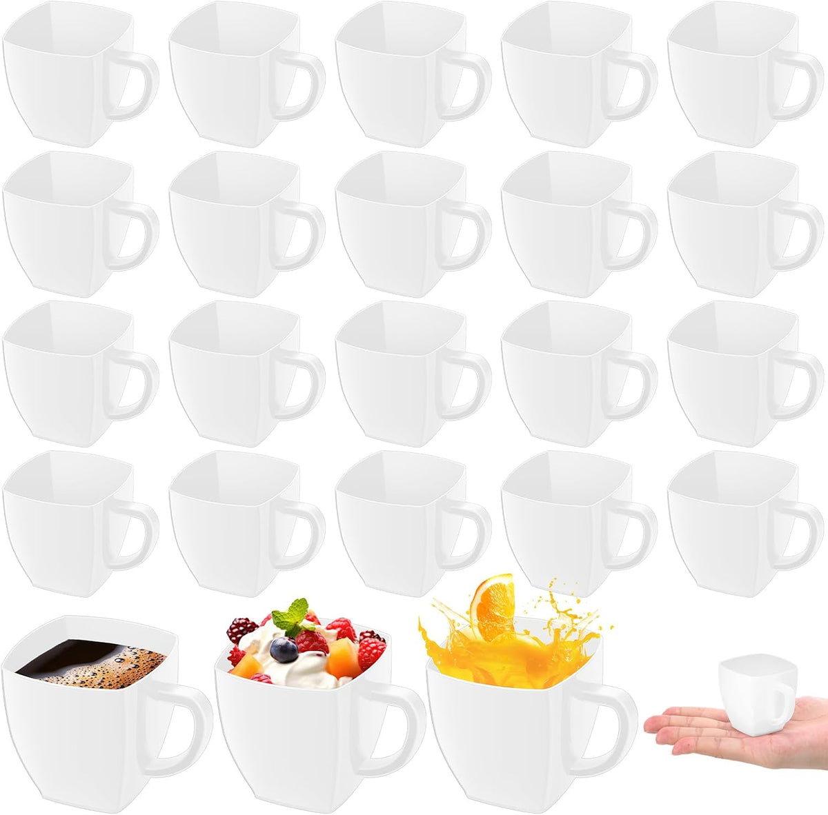 Amyhill 50 Pcs Mini Disposable Tea Cups with Handle, 2oz Hard Plastic Coffee Mug Bulk Plastic Square Disposable Espresso Cups for Wedding Tea Party Catering Dessert Sampling (White)