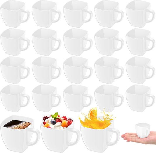 Amyhill 50 Pcs Mini Disposable Tea Cups with Handle, 2oz Hard Plastic Coffee Mug Bulk Plastic Square Disposable Espresso Cups for Wedding Tea Party Catering Dessert Sampling (White)