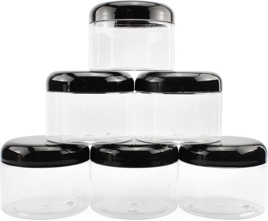 Cornucopia Brands 12 Ounce Clear Plastic Jars w/Black Plastic Lids (6-Pack); BPA Free PET Stackable Canisters for Bathroom &