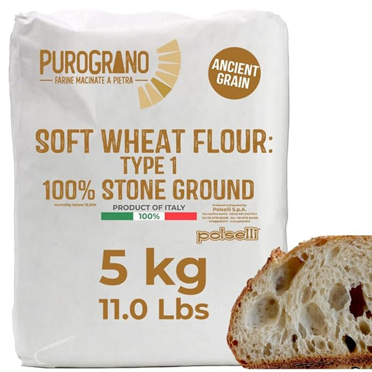 PuroGrano Type 1 Soft Wheat Flour, Bread flour– 5kg (11 lb) – 100% Stone Ground Ancient Italian Grain – Ideal for Sourdough