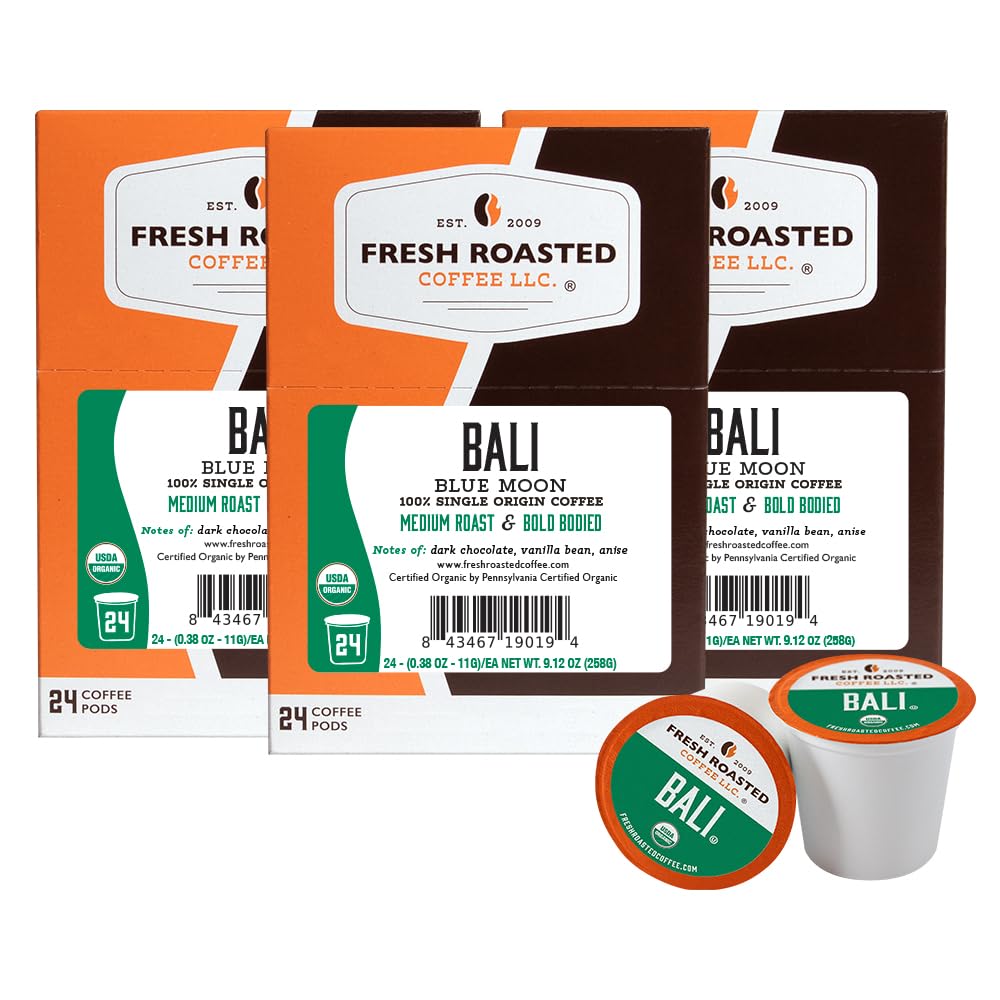 Fresh Roasted Coffee, Organic Bali Blue Moon K-Cup Pods for Keurig Brewers, Medium Roast, USDA Organic, Kosher, 24 Count (Pack of 3)