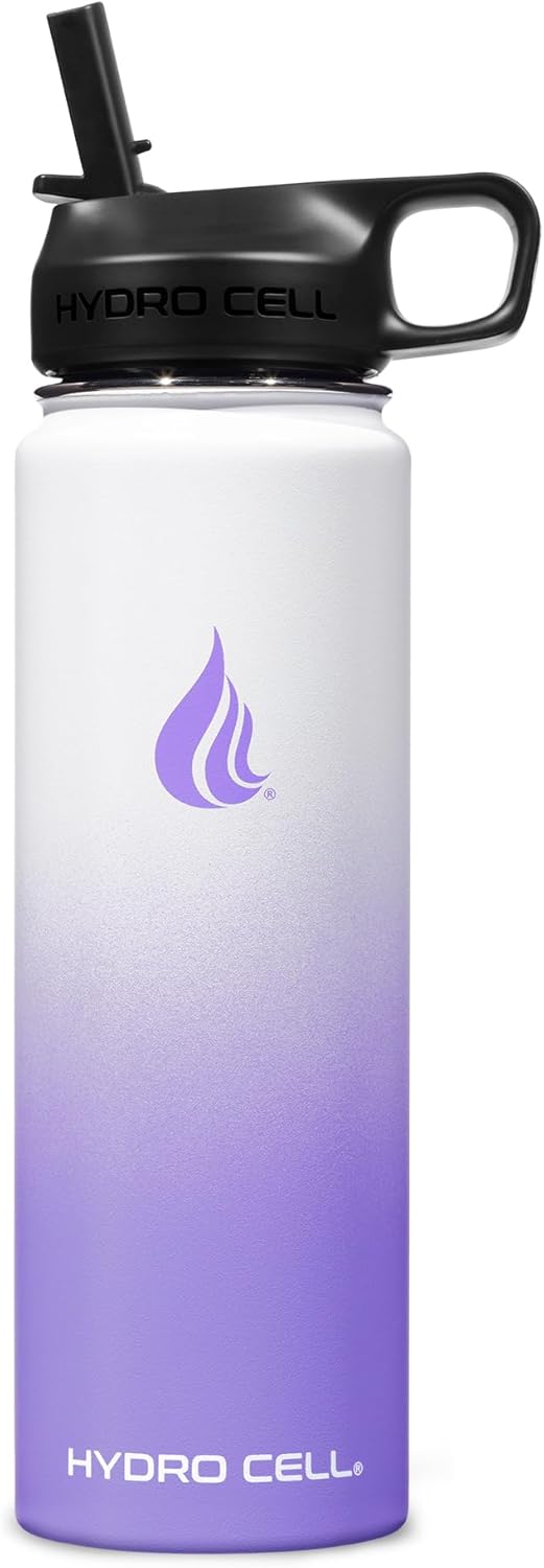 HYDRO CELL Stainless Steel Insulated Water Bottle with Straw - For Cold &amp; Hot Drinks - Metal Vacuum Flask with Screw Cap and Modern Leakproof Sport Thermos for Adults (Lavender/White 24oz)