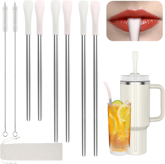 OUTXE Anti Wrinkle Straw 6 Pcs, Flat Wide Drinking Straw for Stanley Cup 40 oz 30 oz, Reusable Wrinkle Free Long Stainless