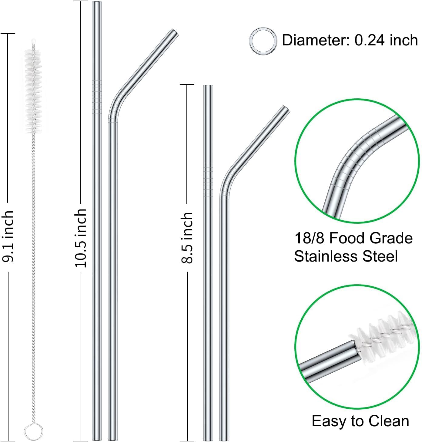 Vinaco 12 Pack 0.24" Wide Reusable Stainless Steel metal Straws
