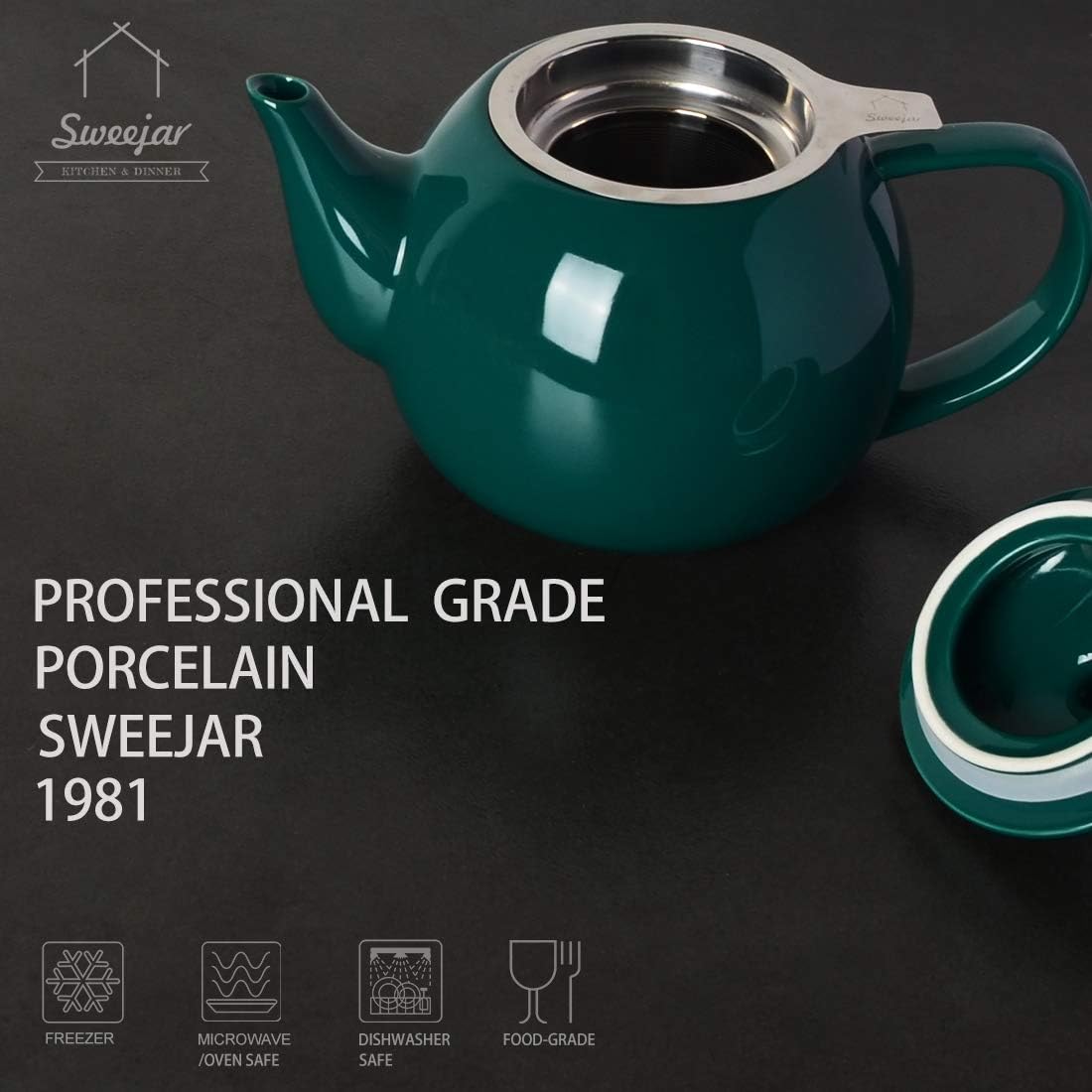 Sweejar Porcelain Teapot with Removable Stainless Steel Infuser,Microwave & Dishwasher Safe Tea Pots for Loose Tea,Tea Infuser Pots for Chrismas Women Gift (30oz Jade)