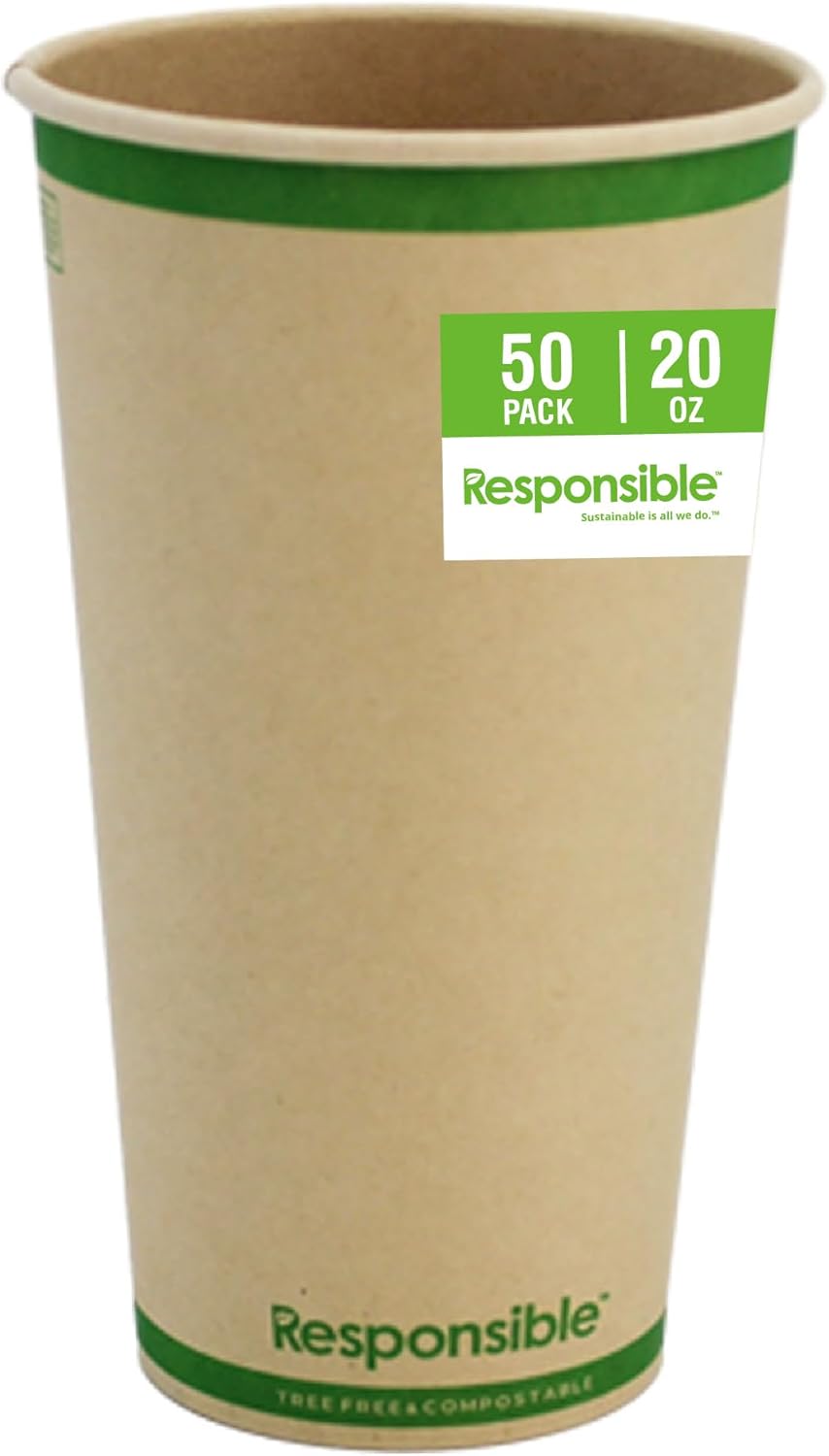 Certified Compostable 20 oz Paper Cups, Cold ＆ Hot Coffee Cups, Disposable Paper Cups, Extra Strengt