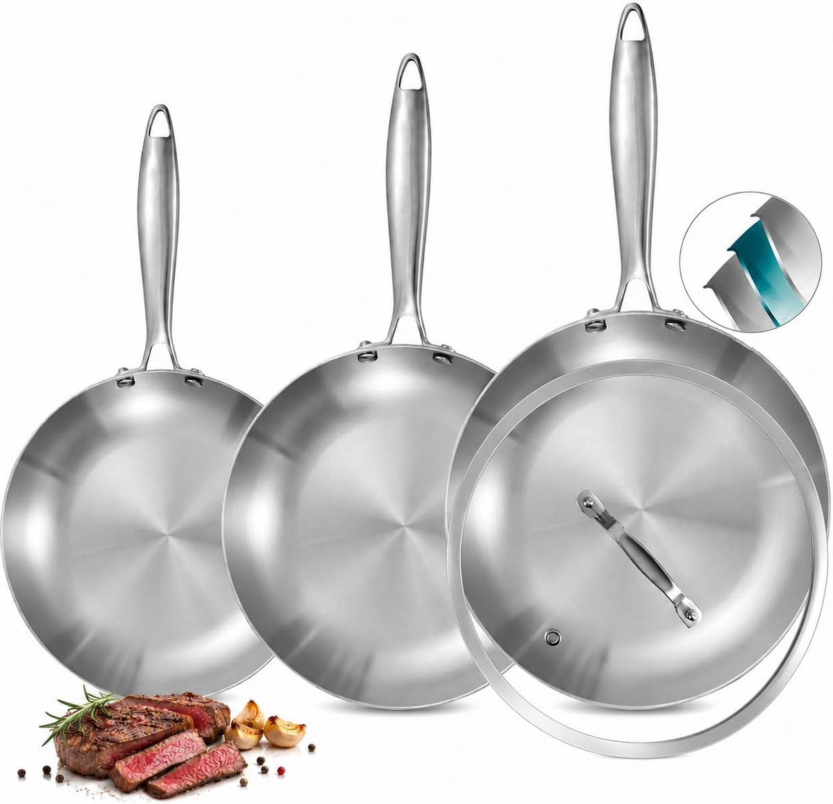 Inqibee Tri-Ply Stainless Steel Frying Pan Set of 3 with Lid,Skillets,Induction Cooking Pans Set,Riveted Handle,Eevn Heating and Oven Safe,8-9.5-11 Inch