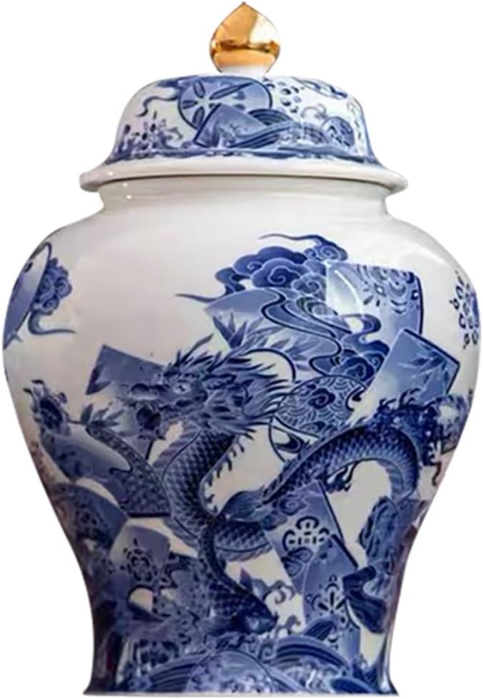 8 inches dragon Ginger Jar with Lid blue white Decorative Ceramic