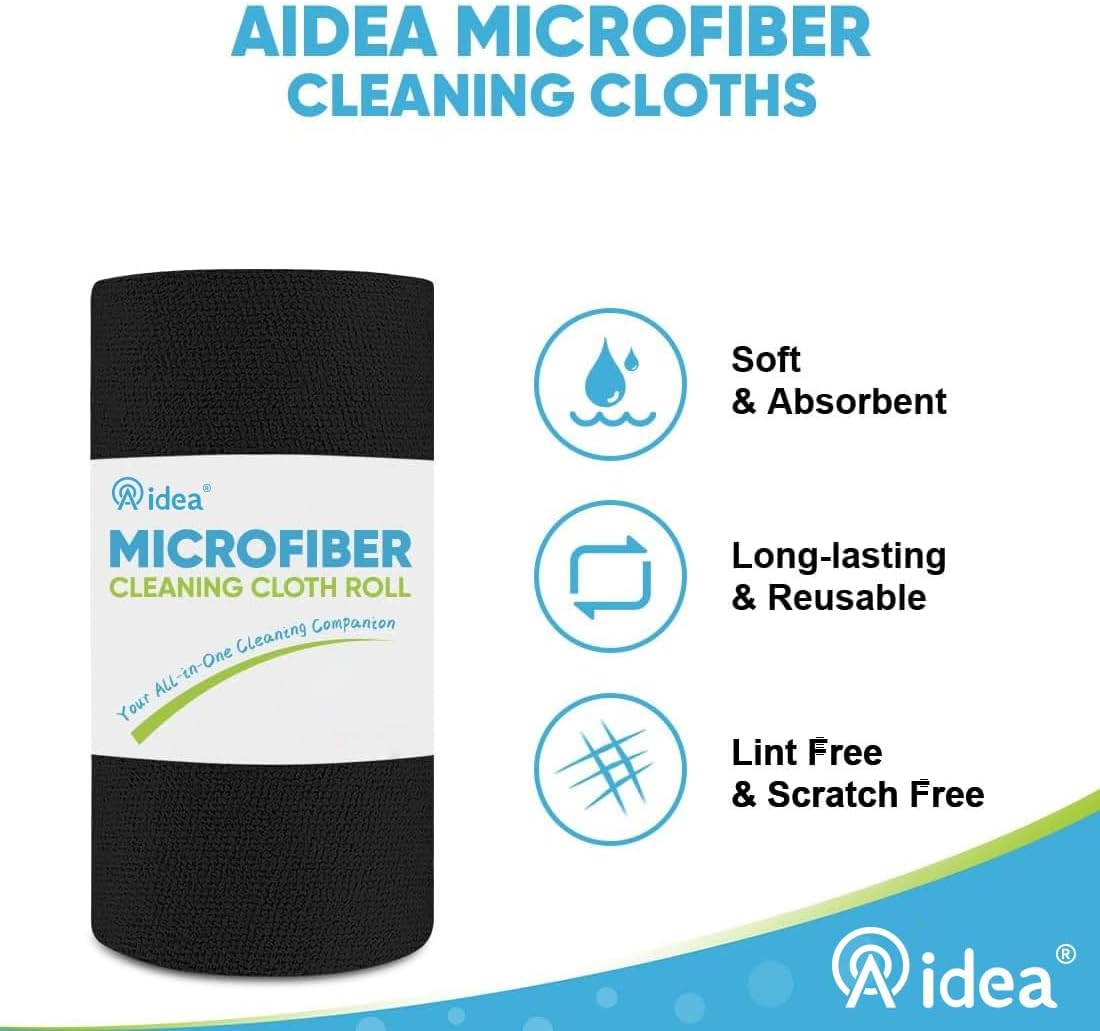 AIDEA Microfiber Cleaning Cloth Roll 55 Sheets, Cleaning Rags Black 11×9"
