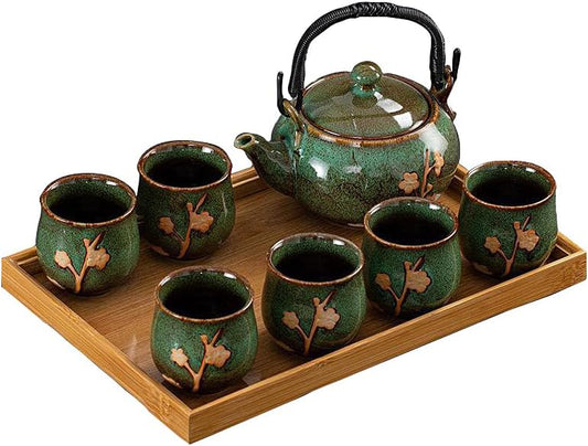 KEYDUACU Japanese Tea Set, Kiln-Formed Ceramic Tea Set, Plum Blossom Embossed, Includes 1 Teapot, 6 Teacups,Tea