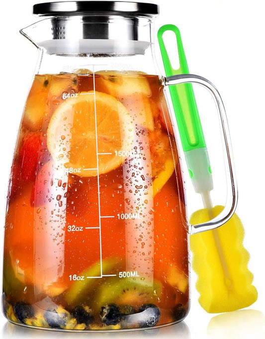 Aofmee Glass Pitcher, 68oz Water Pitcher with Lid and Precise Scale Line, 18/8 Stainless Steel Iced Tea Carafe, Easy Clean