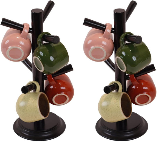 Pack 2 Mug Tree 6 Hooks Rubberwood 13.5"x7"x7", Strudy & Thick Base, Large & Small Cup Holder Tree Wooden for Jewelry,