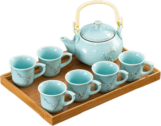 KEYDUACU Japanese Tea Set, Celadon Ceramic Tea Set, Plum Blossom Embossed, Includes 1 Teapot, 6 Anti-scald Teacups,Tea