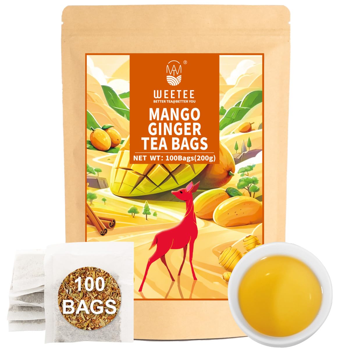 WT WEETEE Mango Ginger Tea Bags 100ct, Caffeine-free Tropical &amp; Spicy Blend | Flavored Ginger Herbal Tea Includes Cardamom, Fennel, Cinnamon, Rooibos, Licorice, More, Warming Spice &amp; Sweet Tropical Notes