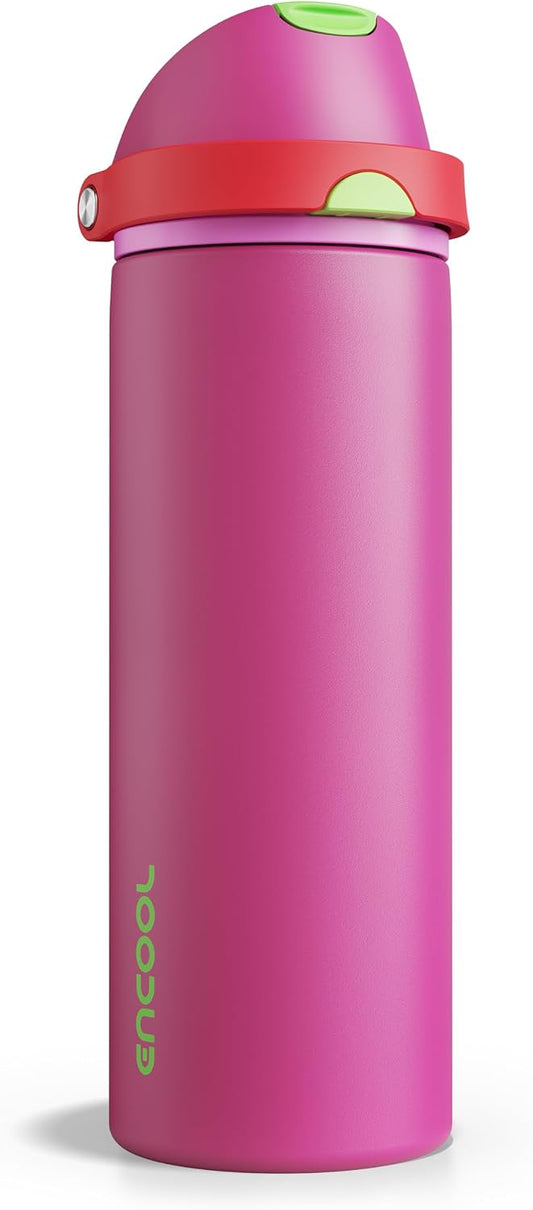 Insulated Water Bottle with Straw - Encool Stainless Steel Water Bottle with Push Button Lid, Leak-Proof &amp; BPA-Free, Keeps Cold for 24 Hours for Sports, Travel, Gym (24 oz, Cerise Pink)