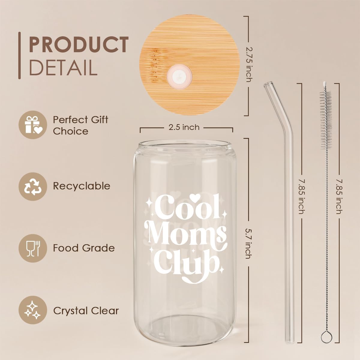 SANDJEST Mom Glass Can, Cool Mom Club Cup with Lid &amp; Straw, Iced Coffee Aesthetic Cups, Idea Gift for Christmas Birthday Mother Day, Gifts for Women, 16oz