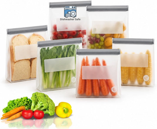 Reusable Silicone Food Storage Bags – 6-Pack Stand-Up, BPA-Free, Freezer, Dishwasher Safe & Eco-Friendly – 6 Gallon Bags – Airtight Leakproof, Organization and Storage Baggies (Grey)