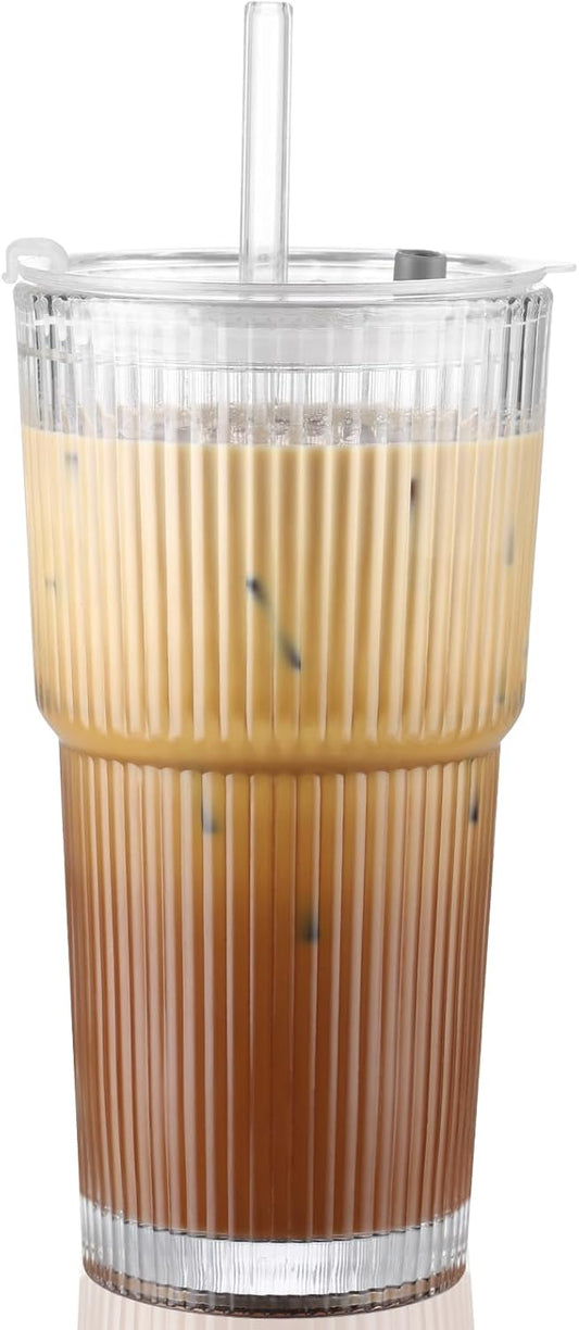 20 oz Glass Cup with Lid and Straw, Glass Tumbler with Straw and Lid, Vintage Glassware for Whiskey Cocktail Beer, Iced