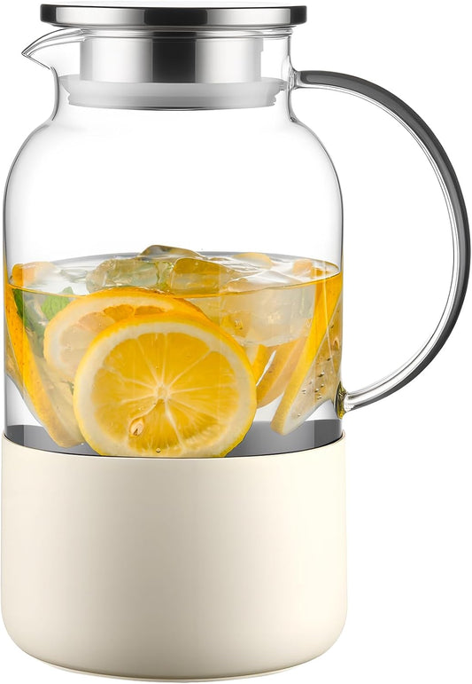 PARACITY Water Jug Water Pitcher with Silicone Base 61oz/ 1.8L, Hot& Cold Glass Pitcher with Lid and Handle, Glass Carafe