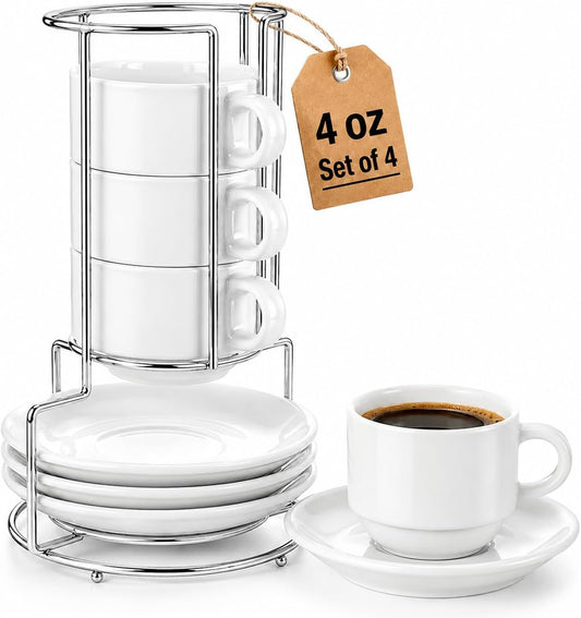 4 oz Espresso Cups Set of 4 with Saucers and Metal Stand