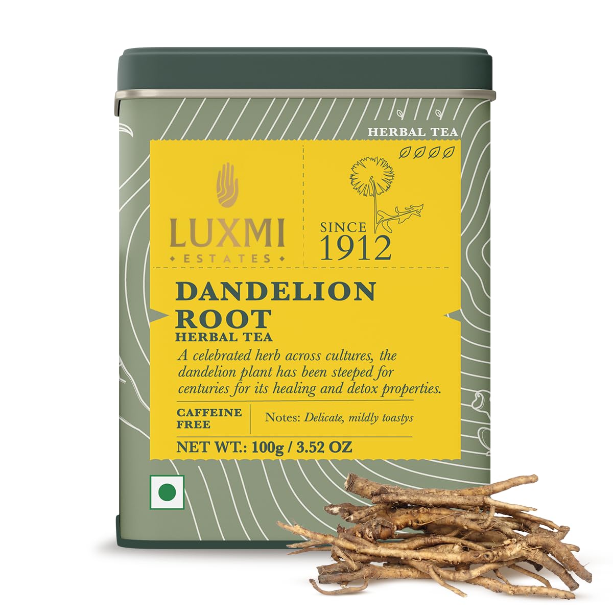 Luxmi Estates Pure Dandelion Root Tea, 100g (3.5oz, ~50 Cups), Single-Ingredient Roasted Dandelion Root from Our Own Indian Tea Estate | Caffeine-Free Coffee Alternative, Vegan