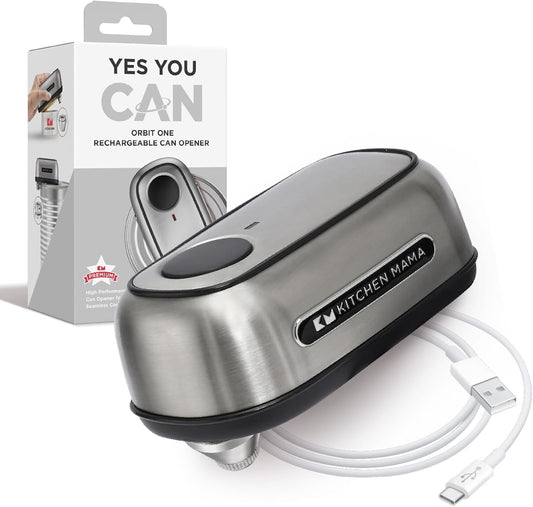 Kitchen Mama Orbit One Stainless Steel Rechargeable Electric Can Opener: Hands-free, USB-C Charging, Automatic Stop, Smooth