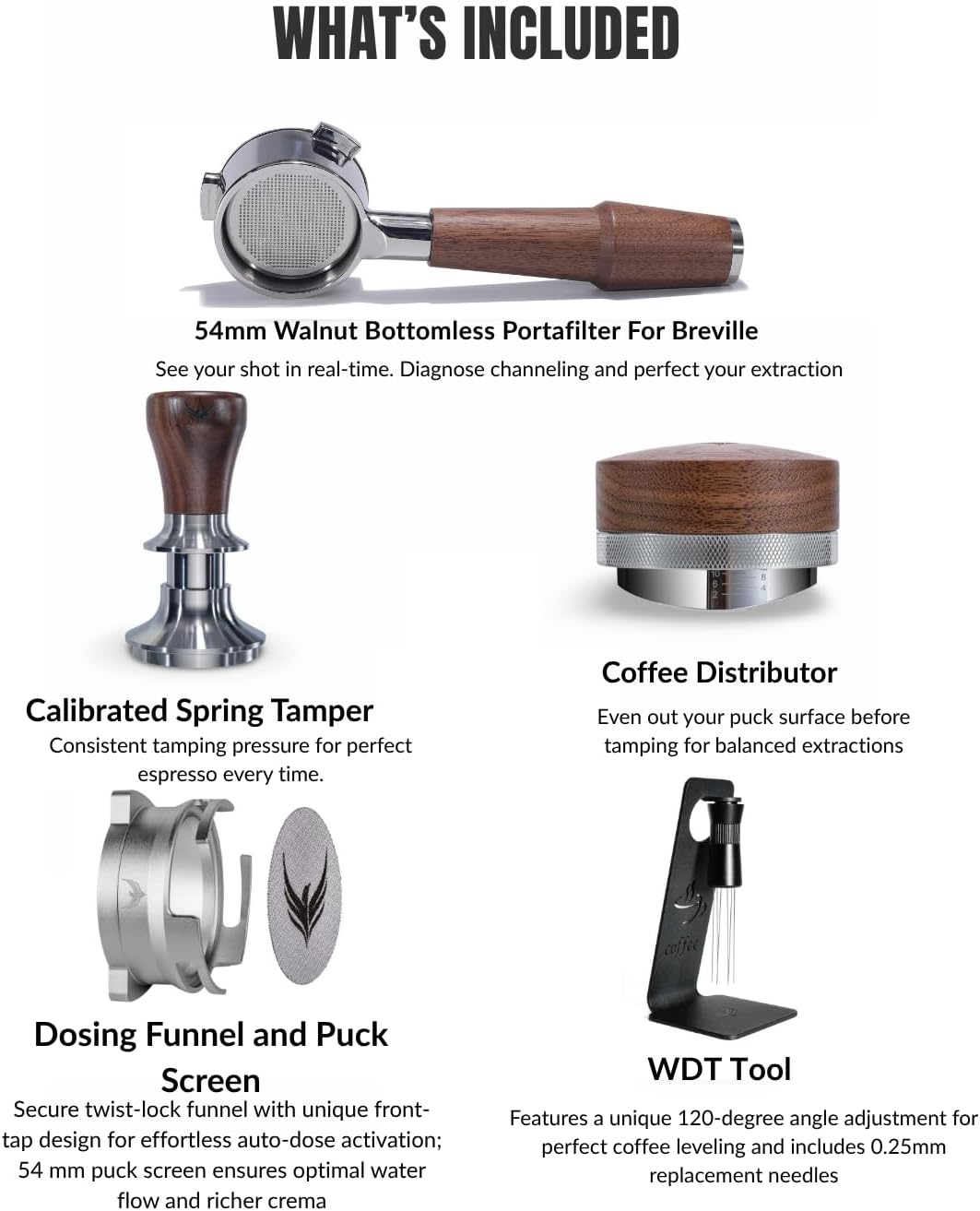 Breville Espresso Machine Accessories Set 54mm Walnut 6pcs | Includes Bottomless Portafilter ,Calibrated Tamper, Coffee Distributor, WDT Tool, Espresso Funnel and Filter