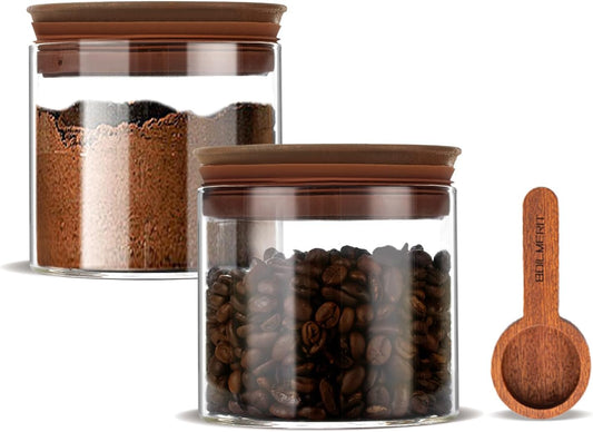 500ml Glass Coffee Canister with Wooden Lids and Scoop, Kitchen Coffee Container Set of 2 Hold Up to Total 12 oz of Coffee