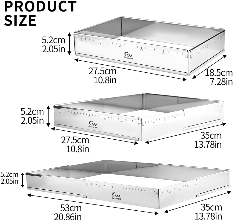 Extensible Stainless Steel Rectangular Cake Mold Heavy Duty Adjustable Mousse Ring Rectangle Shaped Detachable Tiramisu Pan, Pastry DIY Baking Tool - 10.8 × 7.3 × 2 inch