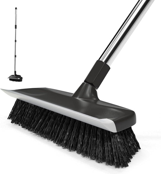 ITTAR Scrub Brush with Long Handle, 10" Wide Stiff Bristles Deck Brush, Heavy-Duty Floor Cleaning Brush, 2-in-1 Scrubber