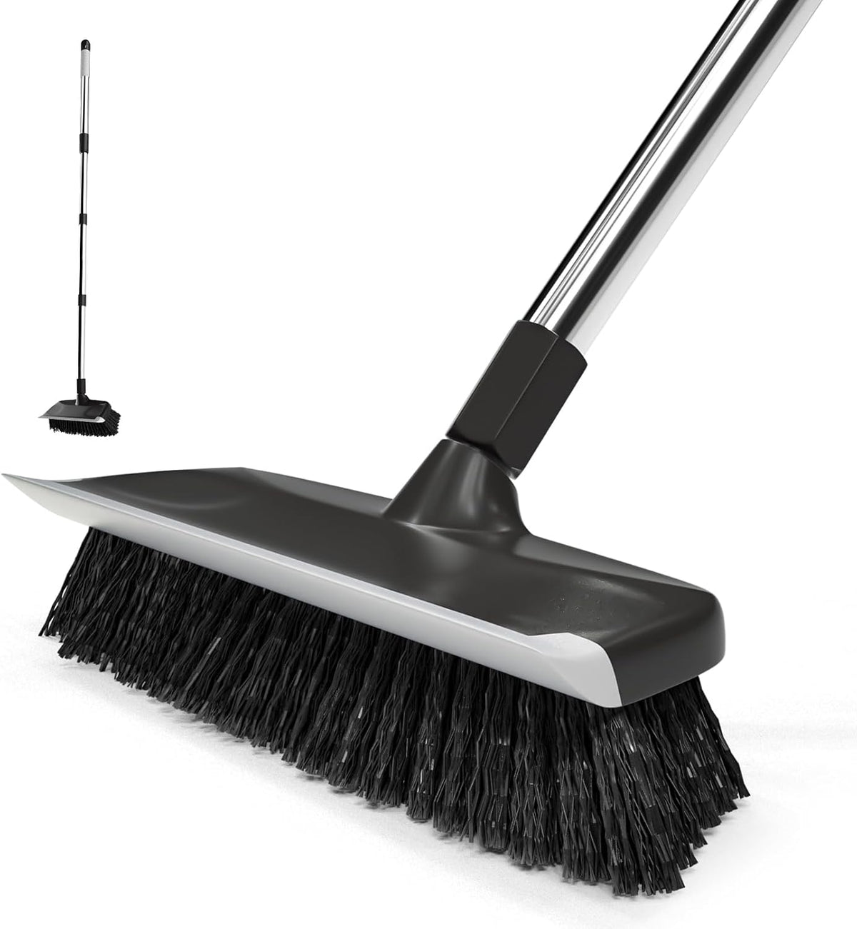 ITTAR Floor Scrub Brush with 55" Long Handle, 10" Wide Stiff Bristles Deck Brush, Stainsless Steel Pole Heavy-Duty Cleaning Brush, 2-in-1 Scrubber with Ruber Squeegee for Deck, Patio, Pool, Tile, Wall