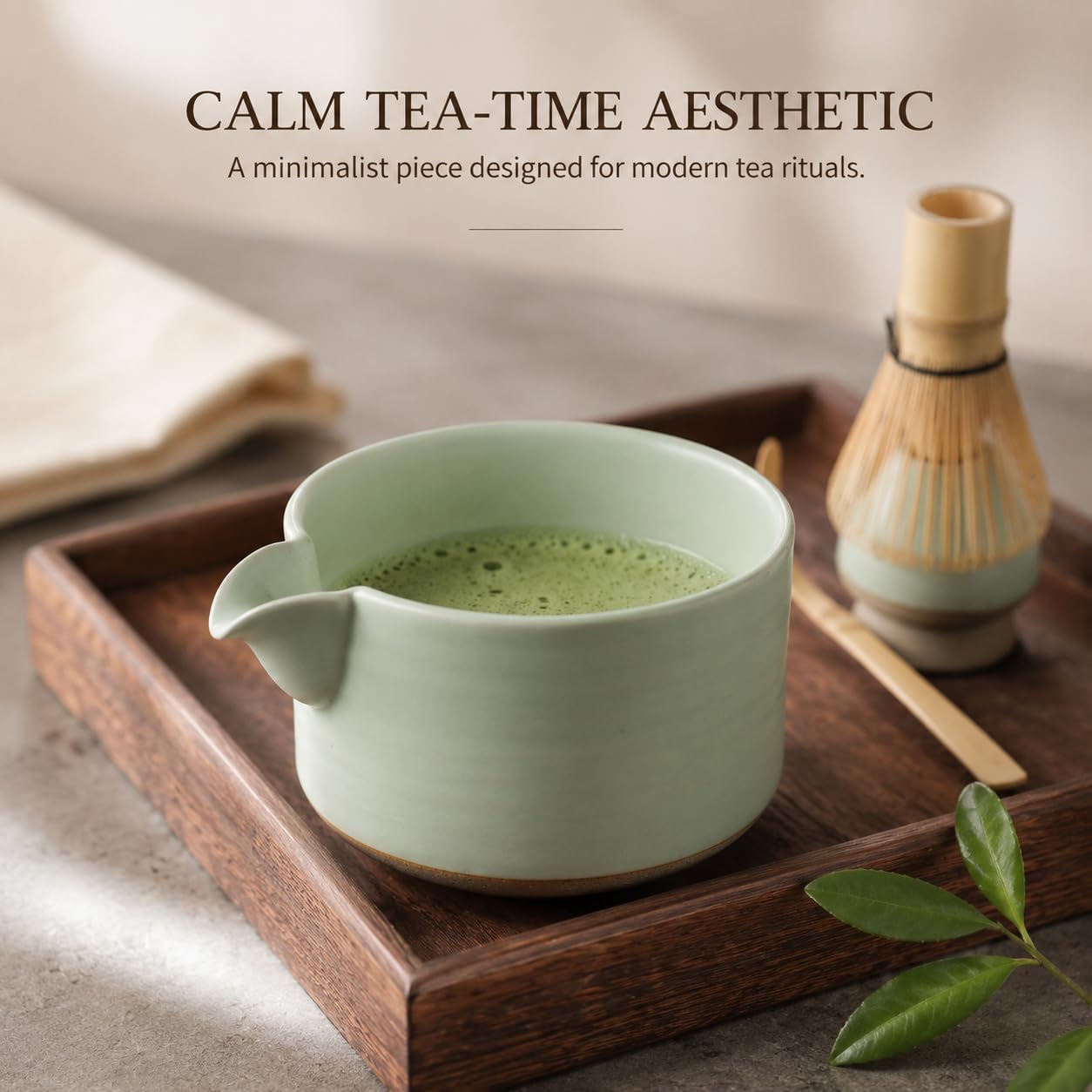 Matcha Traditional Porcelain Tea Bowl with Pour Spout - Hand Made Porcelain with Light Green Matte Glaze - Perfectly Whisked Matcha Green Tea, 430ml/ 14.5oz