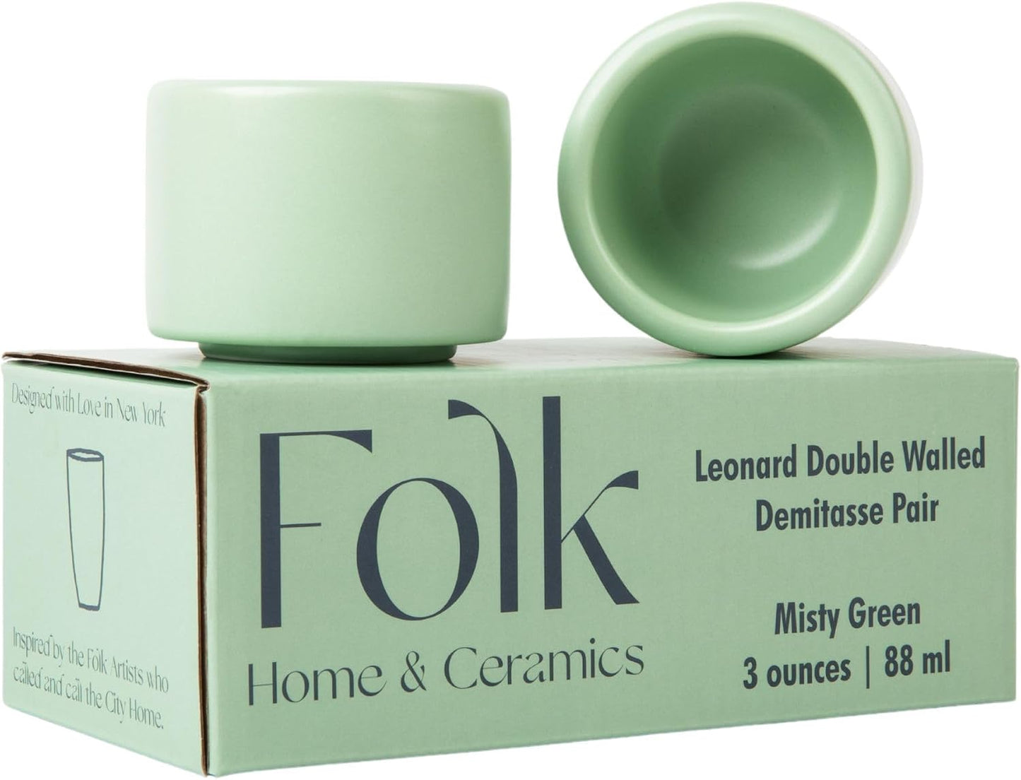 Folk Ceramics Leonard Ceramic Espresso Cups, Misty Green, 3oz, Set of 2 | Modern Stackable Demitasse Mugs, Double Walled, Handleless, Dishwasher &amp; Microwave Safe