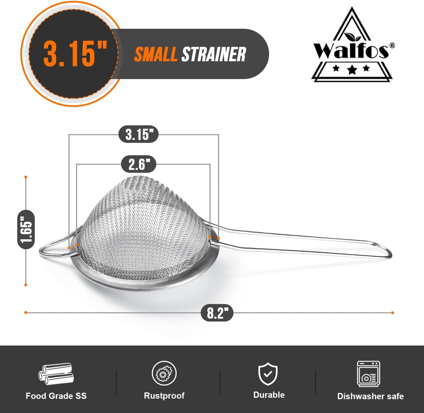 Walfos Small Fine Mesh Strainer for Cocktail &amp; Tea, Mini Stainless Steel Sieve with Handle, 3.15 Inch Metal Strainers for Juicing, Coffee, Drinks, Tea Herbs