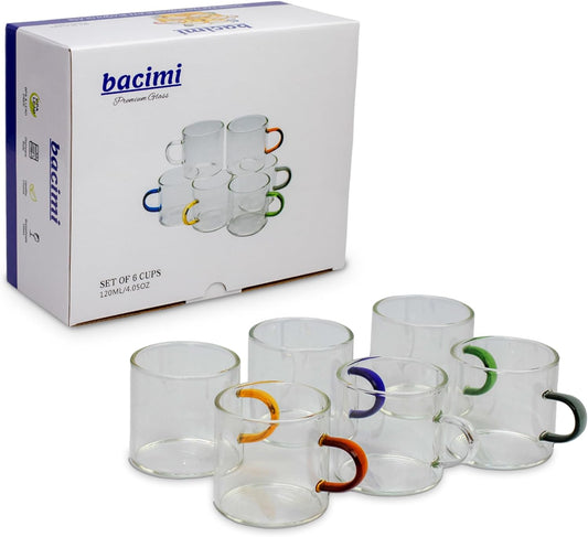 Bacimi® Clear Espresso Cups with Colorful Handles - Set of 6 / 4oz / 120ML - Borosilicate Glass Mugs for Cappuccino, Tea,