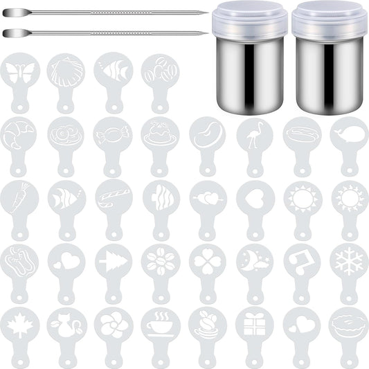 72 Pieces Coffee Decoration Stencils Latte Art Template Coffee Mold Tool with 2 Latte Art Pen 2 Dusting Jars Mesh Powder