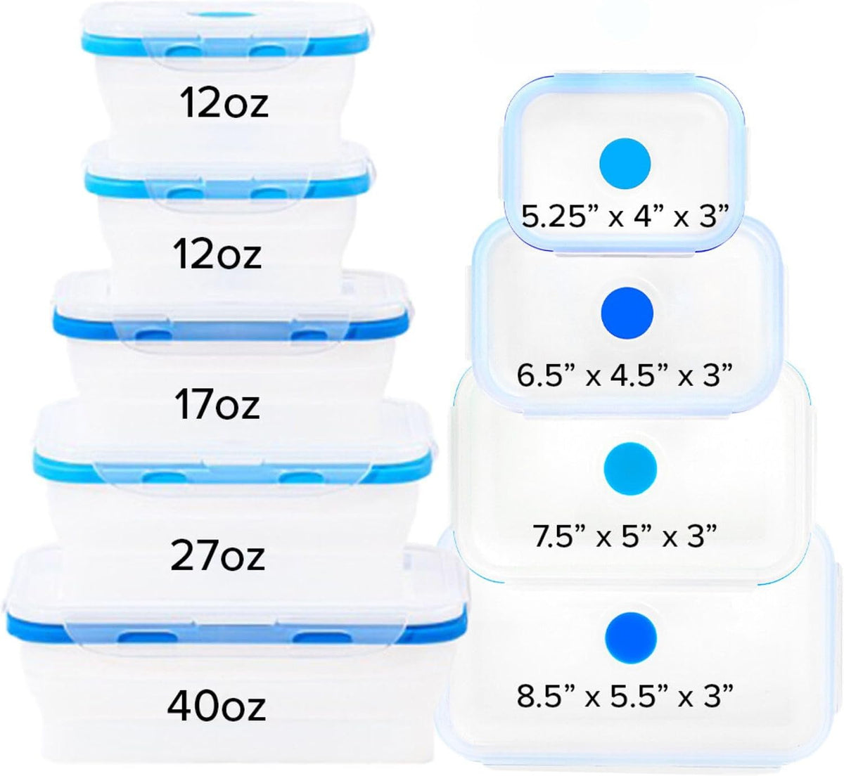 Collapsible Silicone Food Storage Containers, BPA Free, Microwave, Freezer and Dishwasher Safe, Lunch, Meal Prep, Travel, Space-Saving, Set of 5