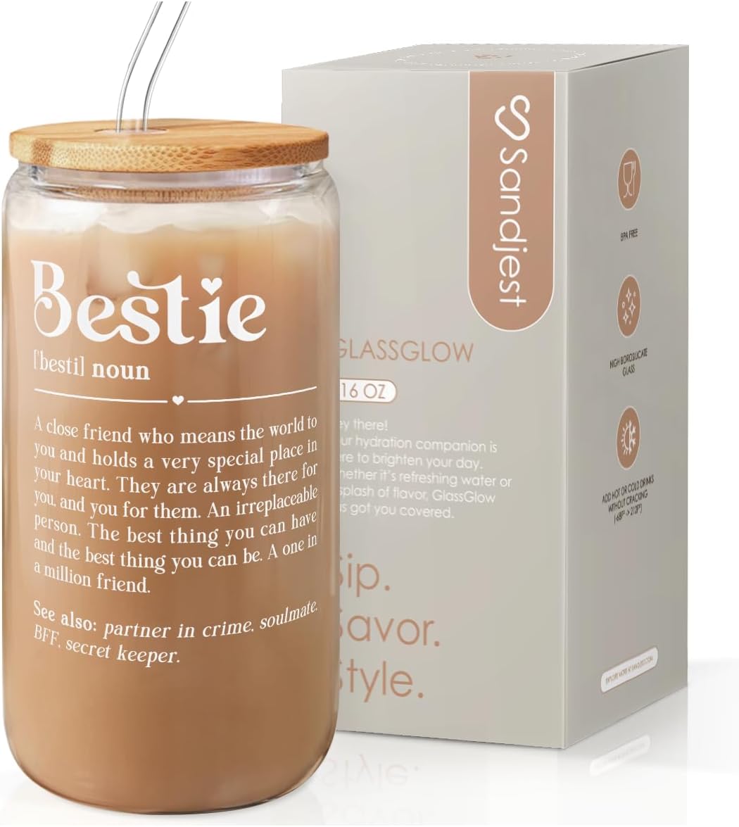 SANDJEST Best Friend Glass Can, Besties Definition Cup with Lid &amp; Straw, Iced Coffee Aesthetic Cups, Gift for Christmas Birthday Mother Day, Gifts for Women Friends Sisters, 16oz