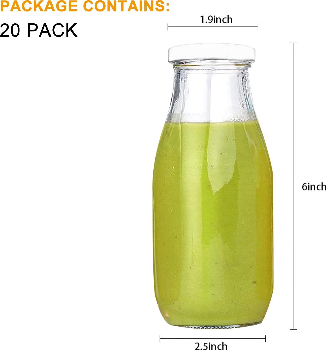 QAPPDA 12 oz Glass Milk Bottles with Lids, 20 Pack Vintage Juice Bottles