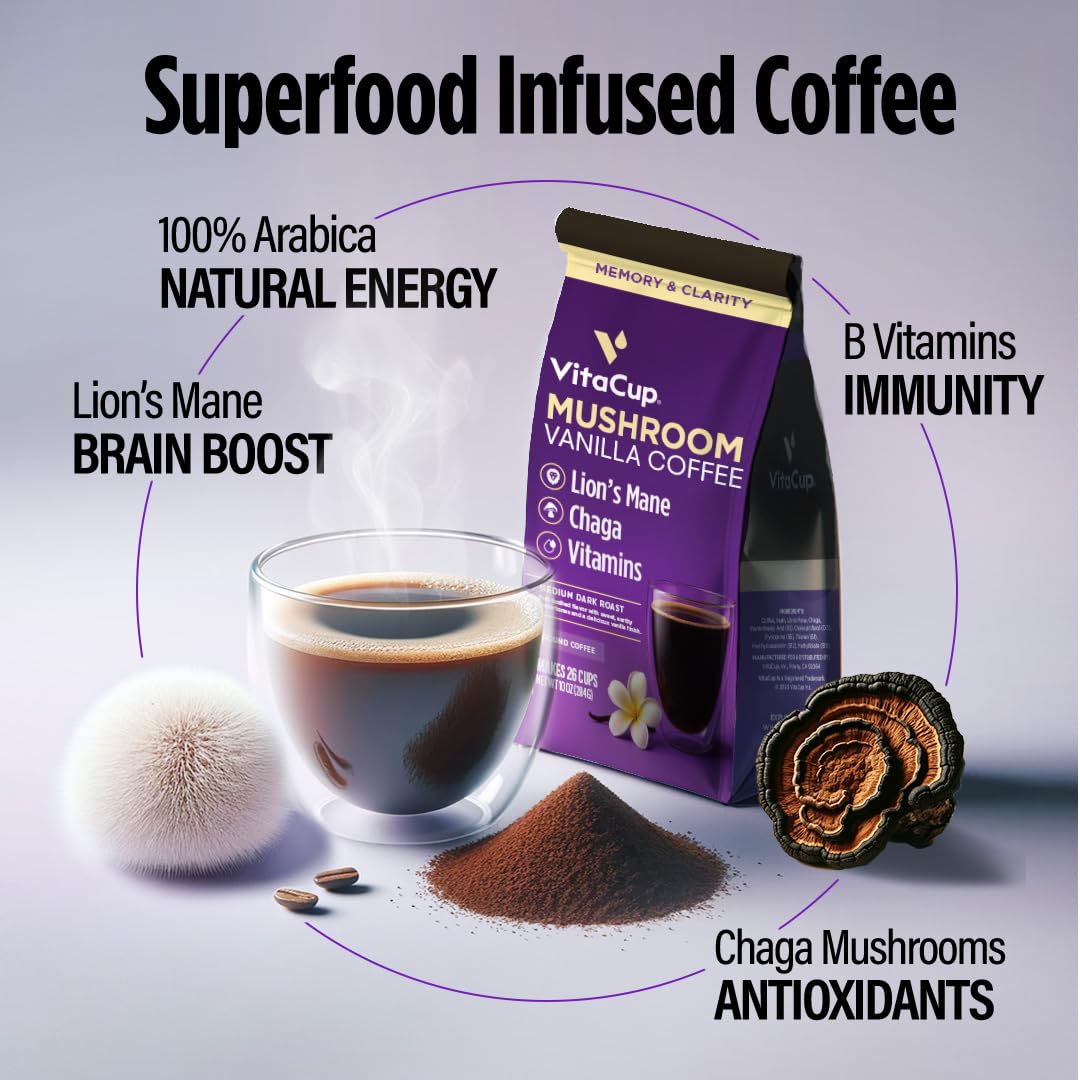 VitaCup Vanilla Flavored Mushroom Ground Coffee, 20oz, 2 Bags | 100% Arabica, Medium Dark Roast, Dark Roast, Boost Focus, Immunity, Memory &amp; Clarity, B Vitamins, D3, Chaga, Coffee Grounds,