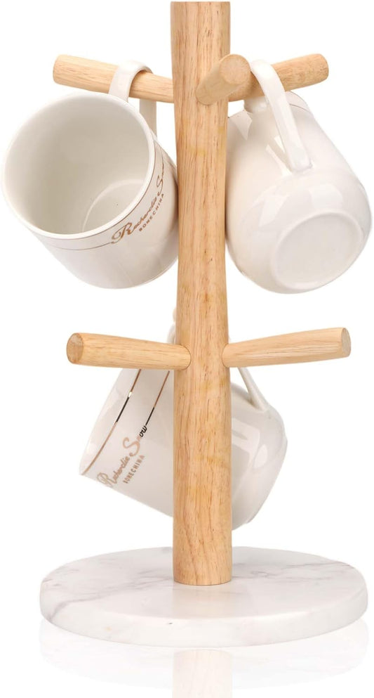 WORHE Mug Holder Marble Base with 6 Hooks Coffee Cup Rack Organizer for Countertop, Round Mugs Stand Hanger for Kitchen