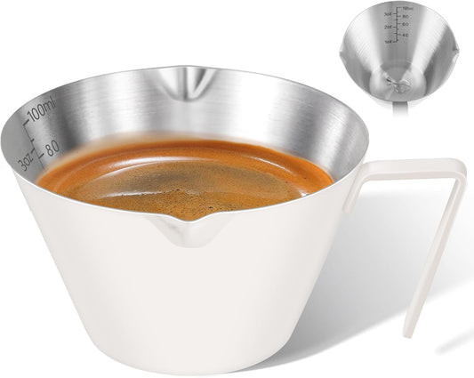 1 Pc Stainless Steel Espresso Shot Cup with Dual Scale, 3.4oz/100ml, White | Double Spout Measuring Cup with Handle, V-Shaped Mouth, Ideal for Espresso Brewing and Coffee Making