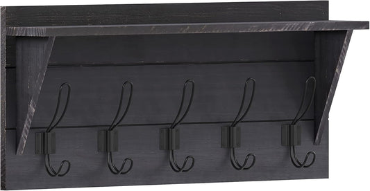 HBCY Creations 24" Wall Mounted Storage Rack - Pine Wood Construction - Black Wash - Upper Storage Shelf - 5 Hooks - Ideal