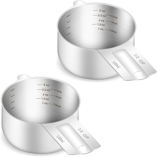 2PCS 1/2Cup (120ml, 4oz) Single Measuring Cup, Etched Inner Scale Stainless Steel Measure Scoop, Metric and US Measurement,