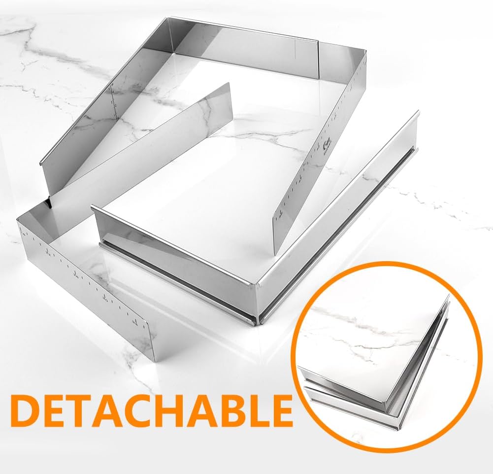 Extensible Stainless Steel Rectangular Cake Mold Heavy Duty Adjustable Mousse Ring Rectangle Shaped Detachable Tiramisu Pan, Pastry DIY Baking Tool - 10.8 × 7.3 × 2 inch