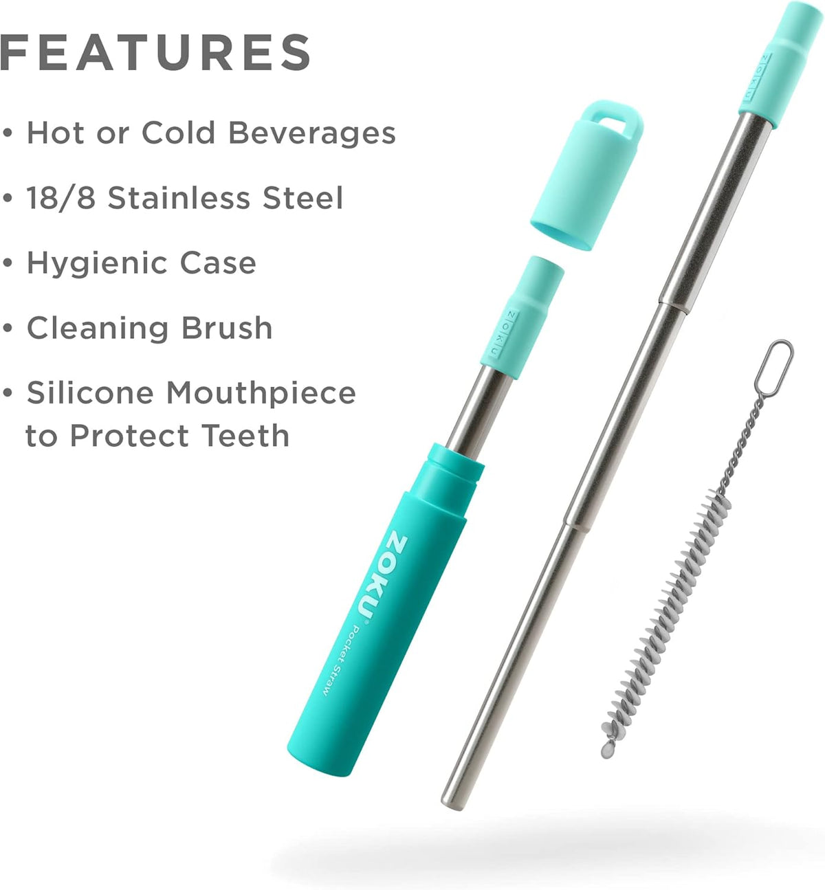 ZOKU Reusable Metal Straw with Case for Travel, Teal - Collapsible Stainless Steel Drinking Straw with Silicone Tip and Cleaner Brush, Ideal for Key Chains, Pockets, Purses