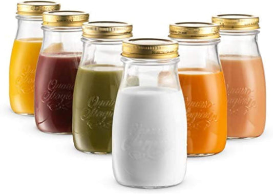 Bormioli Rocco Quattro Stagioni Small Bottles, Set of 6-6.75 Oz. Embossed Reusable Glass Jars with Airtight Lid, For Food