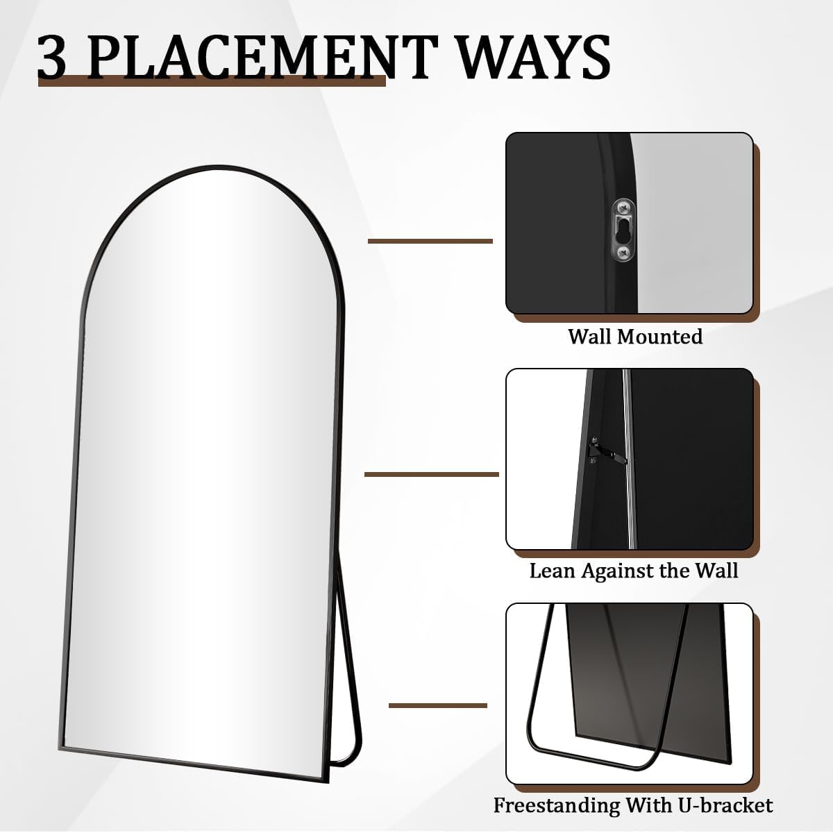 VooBang 24"x65" Black Arched Floor Full Length Dressing Body Mirror | Shatterproof Tempered Glass, Modern Minimalist Chic Room Decor, Standing Wall Mounted Leaning for Living Room, Bedroom