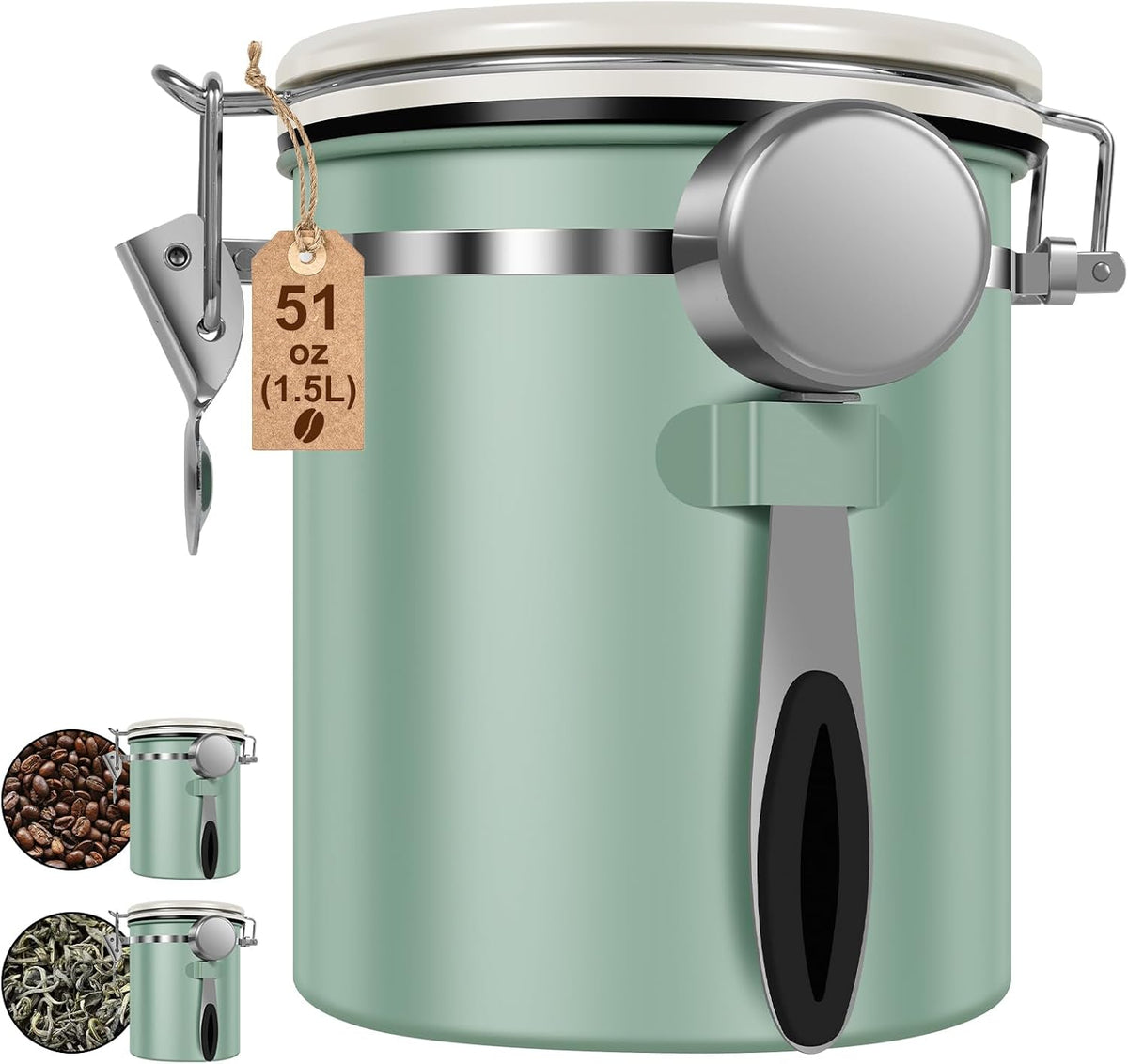 2PCS Coffee Storage Canister 1.5L 51OZ Double Airtight Coffee Beans Container with Date Locator 304 Stainless Steel Kitchen Food Storage Container with Spoon For Coffee Beans Grounds Tea Sugar